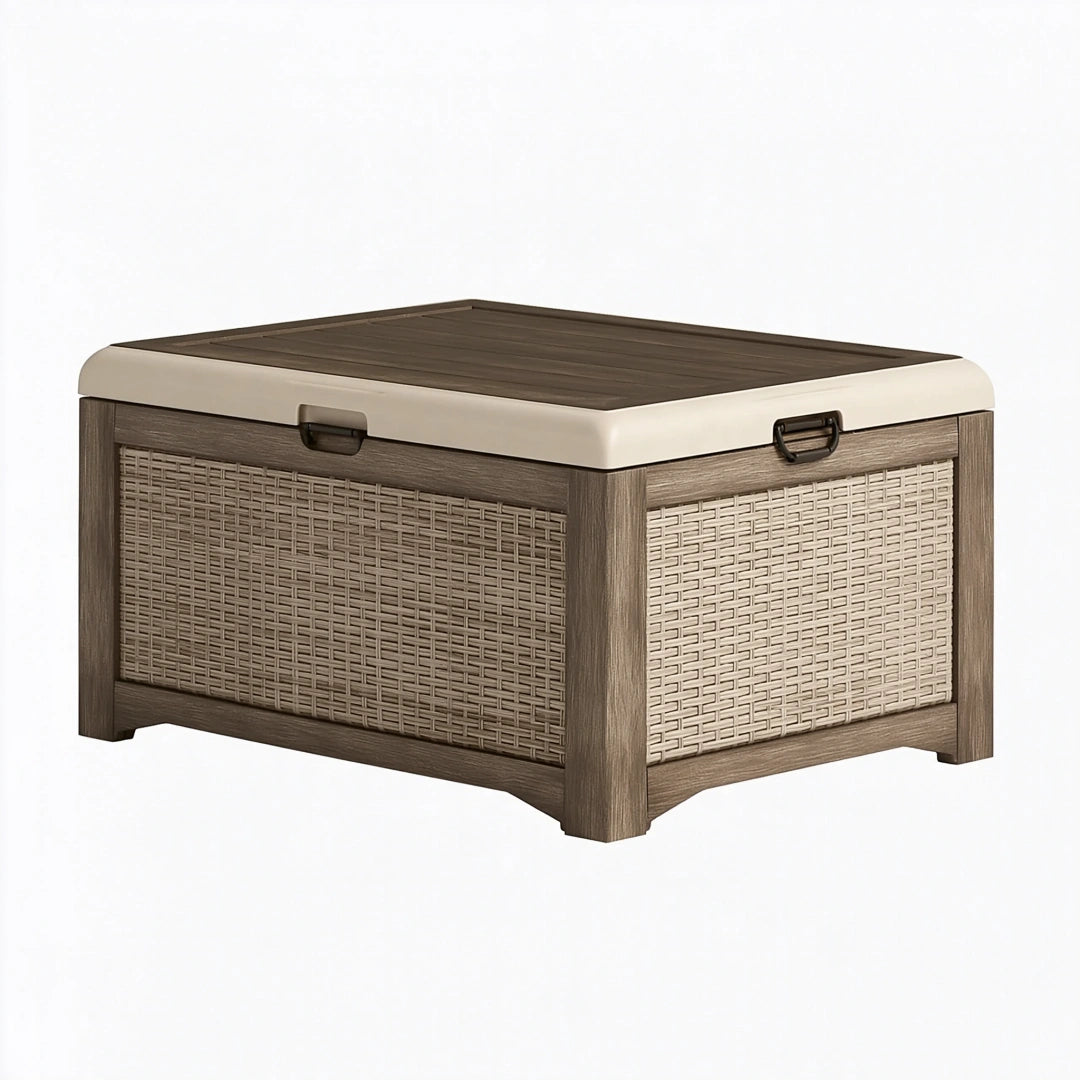 Aufbewahrungstruhe 120 x 60 x 60 cm Kunststoff Braun Beige mit Deckel in Flechtoptik