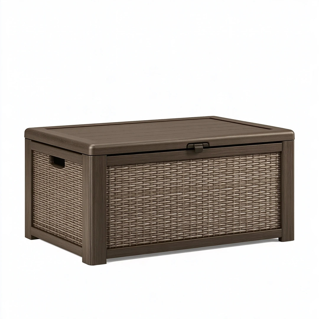 Aufbewahrungsbox 100 x 50 x 55 cm Kunststoff Braun in Rattanoptik mit Deckel für Garten