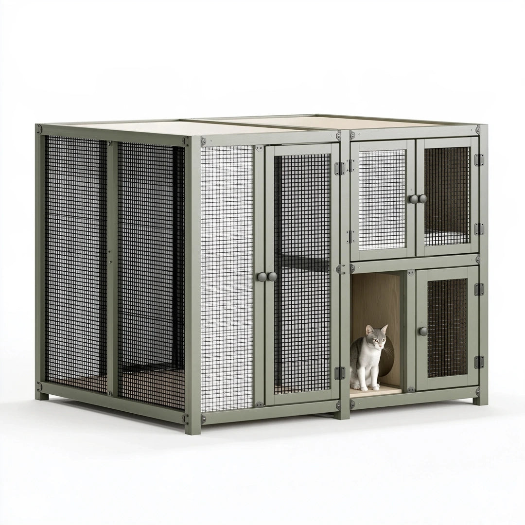 Katzengehege 180 x 90 x 180 cm Metallgitter Olivgrün mit Holzhöhle für Innenräume