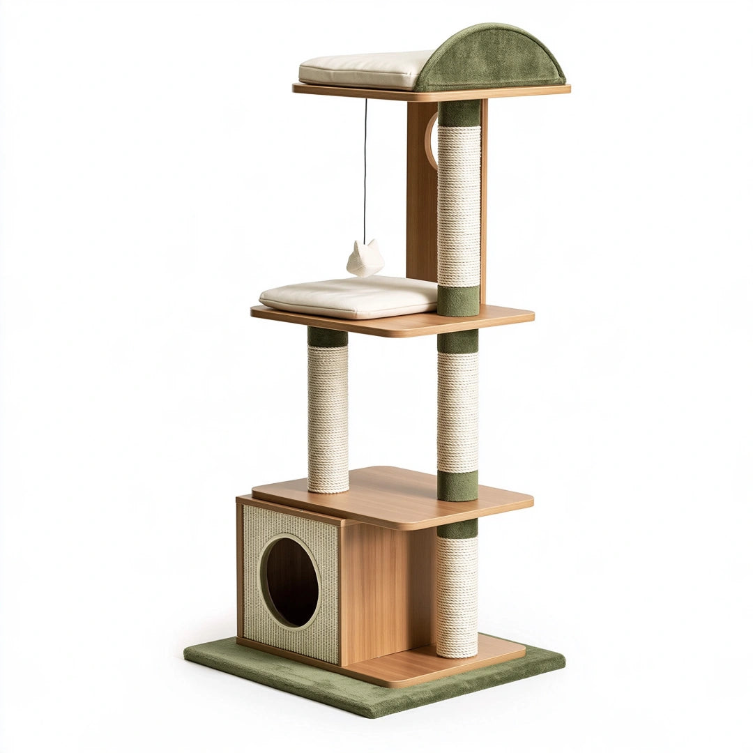 Kratzbaum 60 x 50 x 150 cm Holz Sisal Grün Beige mit Liegeflächen und Katzenhöhle
