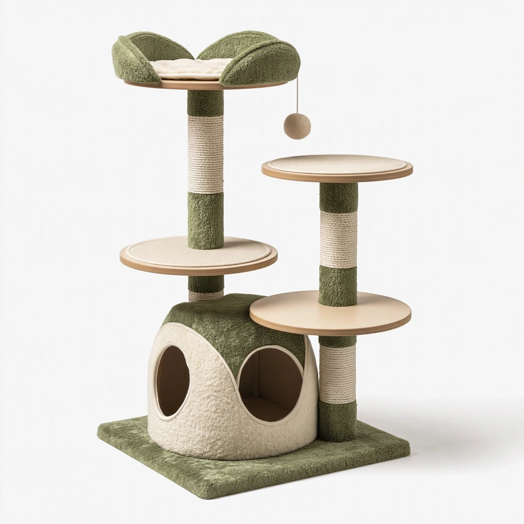 Kratzbaum 60 x 60 x 145 cm aus Sisal und Plüsch in Grün Creme mit Höhle Liegeflächen und Spielball