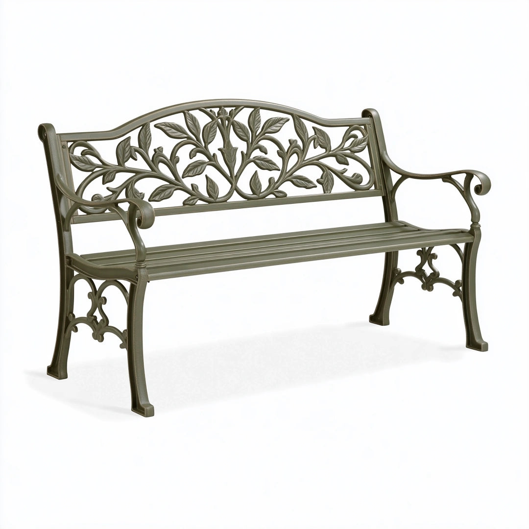 Gartenbank 150 x 62 x 91 cm aus Metall in Anthrazit mit Blattornamenten für Außenbereiche