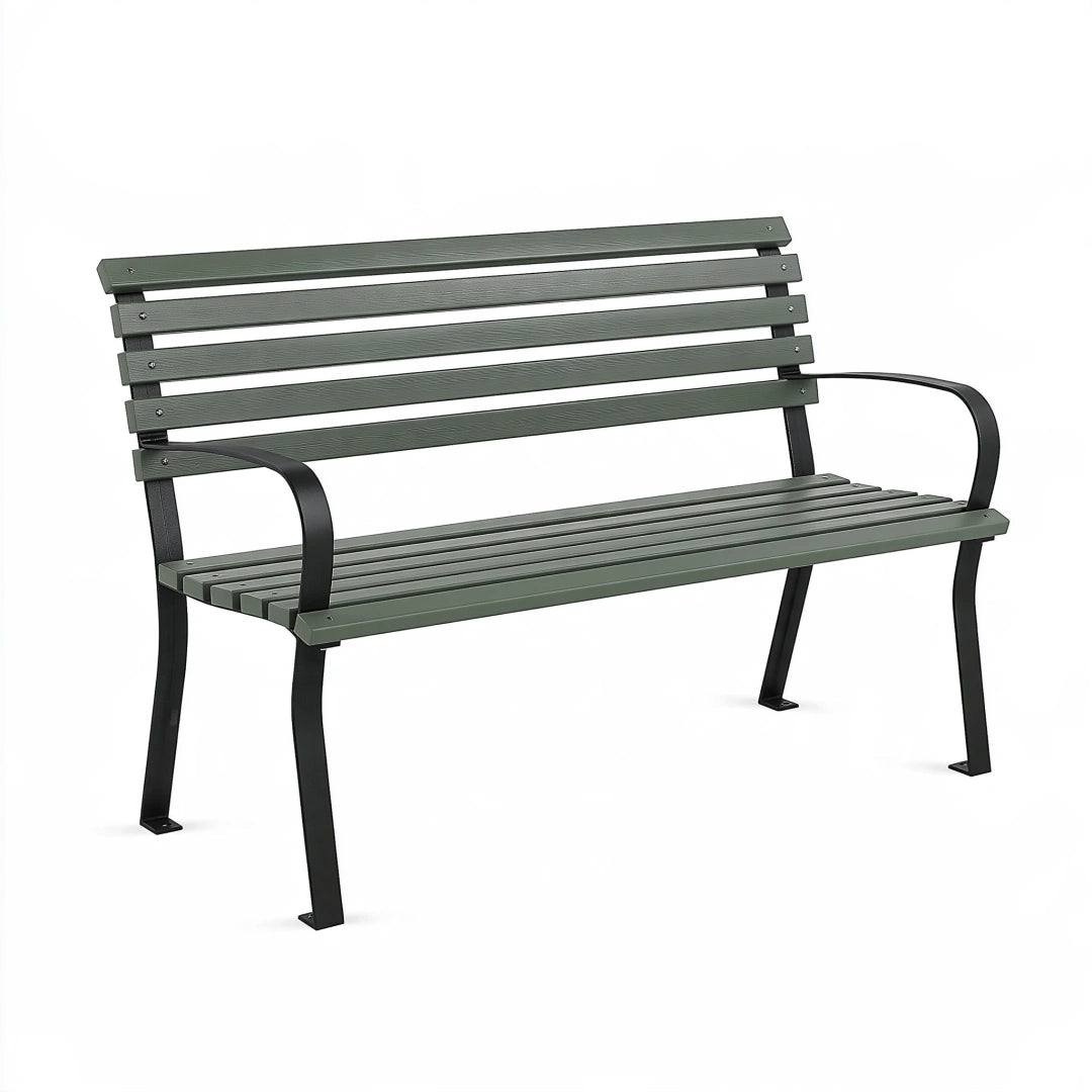 Gartenbank 150 x 60 x 85 cm aus Metall in Dunkelgrün mit Rückenlehne